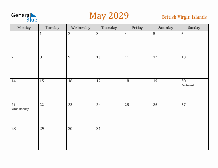 May 2029 Holiday Calendar with Monday Start