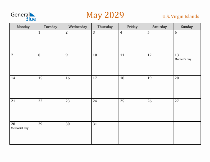 May 2029 Holiday Calendar with Monday Start