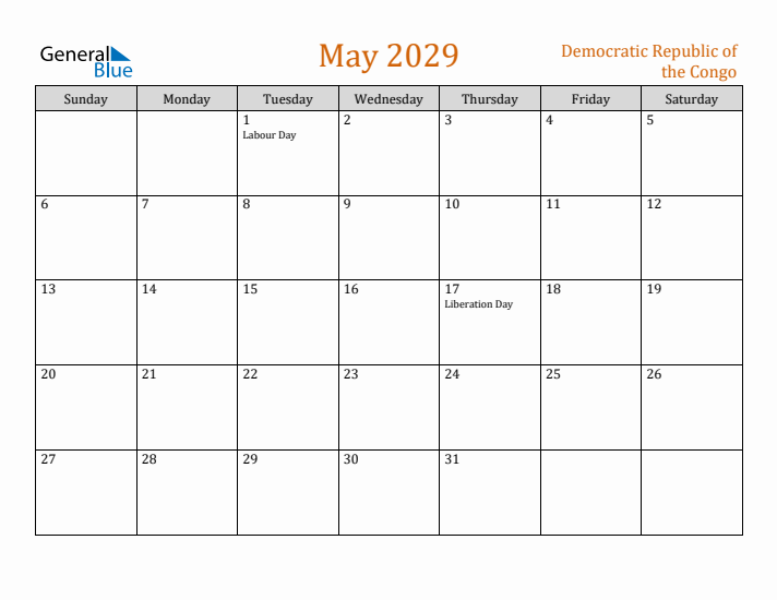 May 2029 Holiday Calendar with Sunday Start