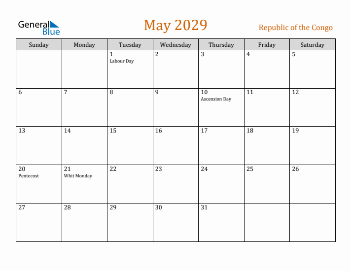May 2029 Holiday Calendar with Sunday Start