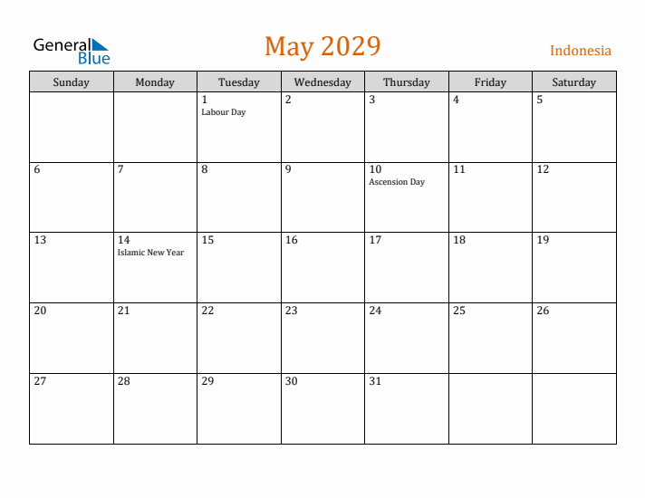 May 2029 Holiday Calendar with Sunday Start