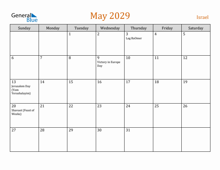 May 2029 Holiday Calendar with Sunday Start