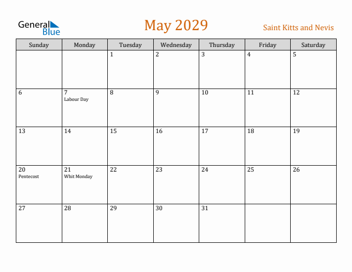 May 2029 Holiday Calendar with Sunday Start