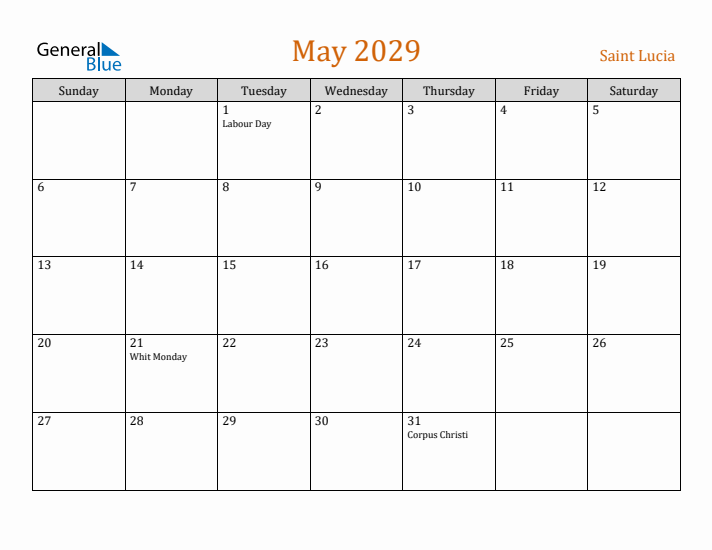 May 2029 Holiday Calendar with Sunday Start