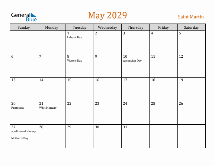 May 2029 Holiday Calendar with Sunday Start