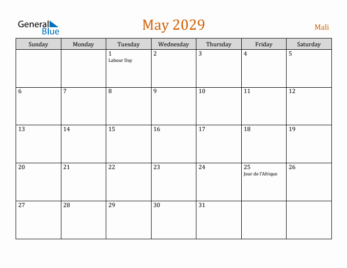 May 2029 Holiday Calendar with Sunday Start
