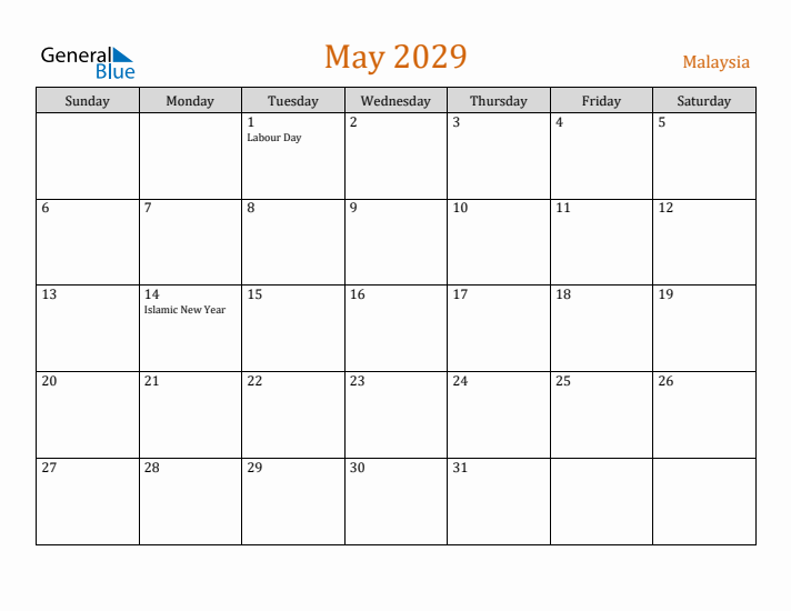 May 2029 Holiday Calendar with Sunday Start