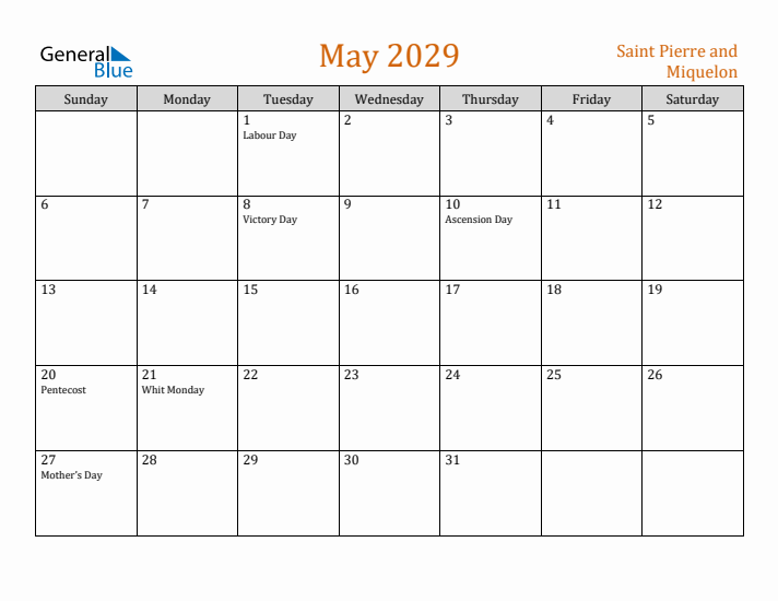 May 2029 Holiday Calendar with Sunday Start