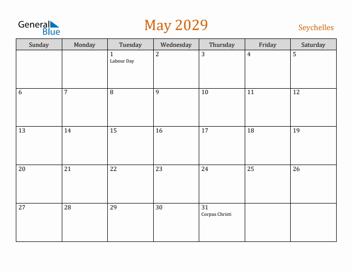 May 2029 Holiday Calendar with Sunday Start