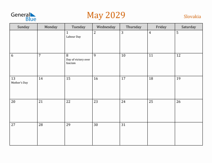 May 2029 Holiday Calendar with Sunday Start