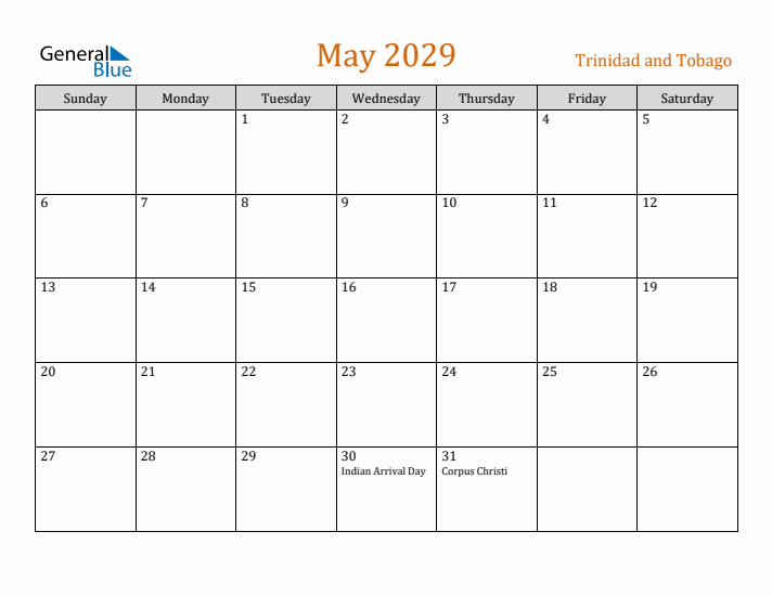 May 2029 Holiday Calendar with Sunday Start