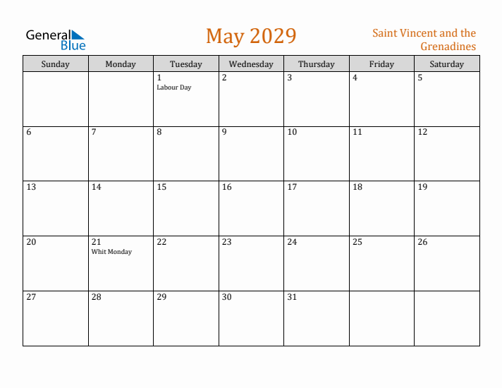 May 2029 Holiday Calendar with Sunday Start