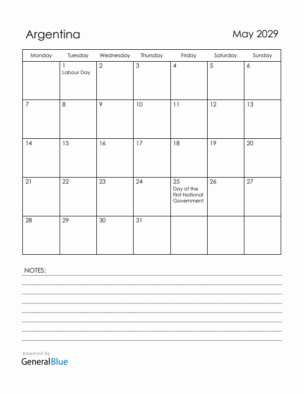 May 2029 Argentina Calendar with Holidays (Monday Start)