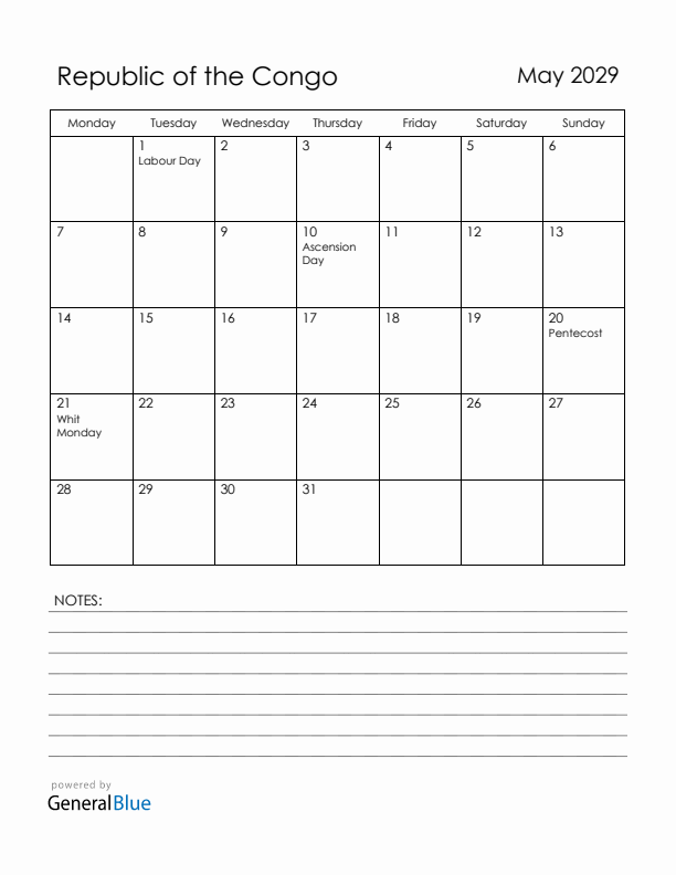May 2029 Republic of the Congo Calendar with Holidays (Monday Start)