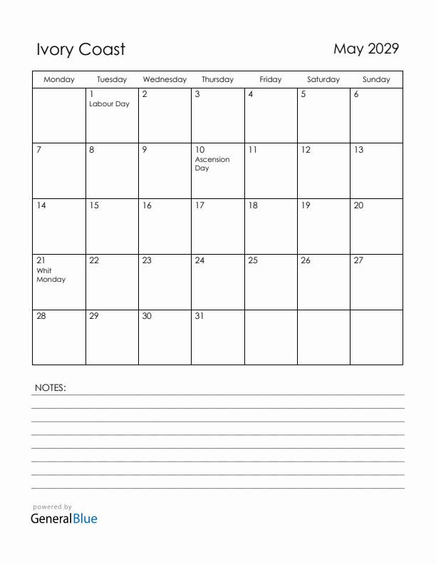 May 2029 Ivory Coast Calendar with Holidays (Monday Start)