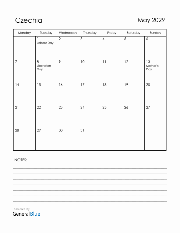 May 2029 Czechia Calendar with Holidays (Monday Start)