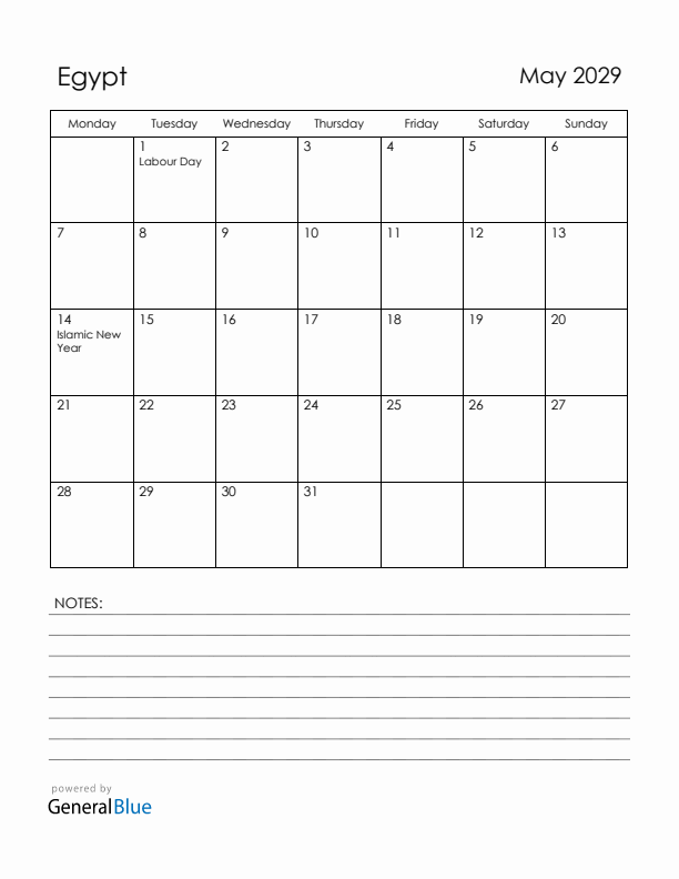 May 2029 Egypt Calendar with Holidays (Monday Start)