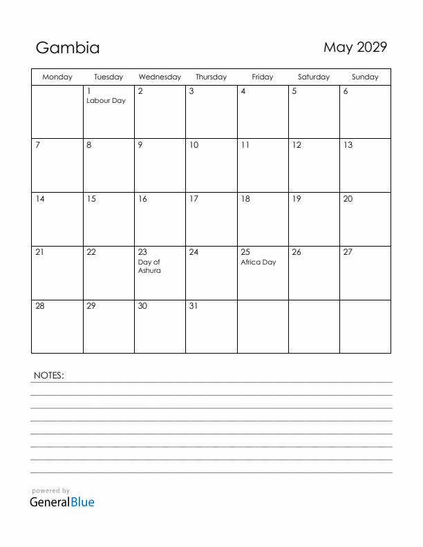 May 2029 Gambia Calendar with Holidays (Monday Start)