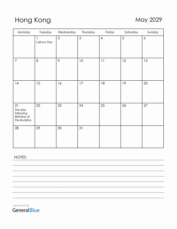May 2029 Hong Kong Calendar with Holidays (Monday Start)