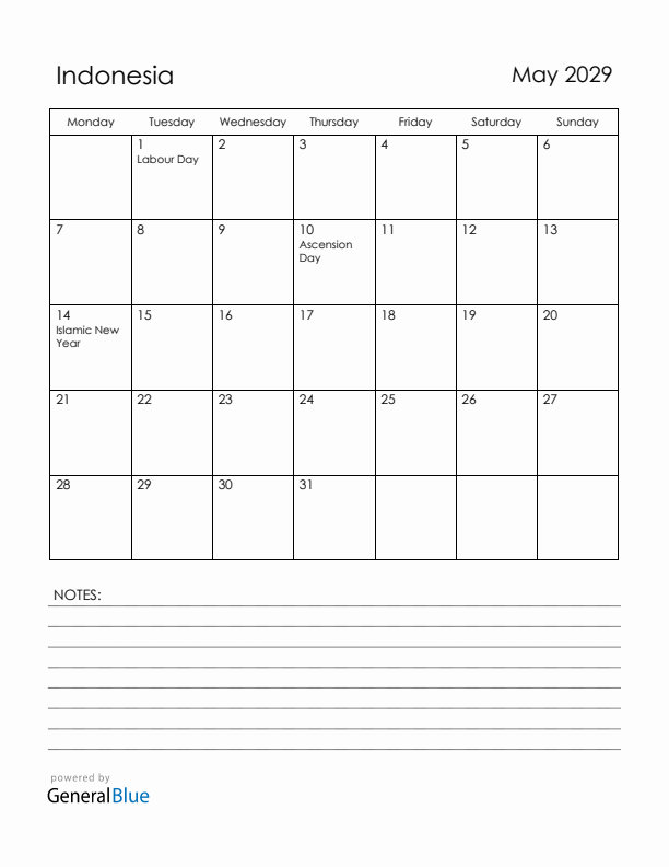 May 2029 Indonesia Calendar with Holidays (Monday Start)