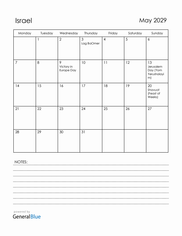 May 2029 Israel Calendar with Holidays (Monday Start)