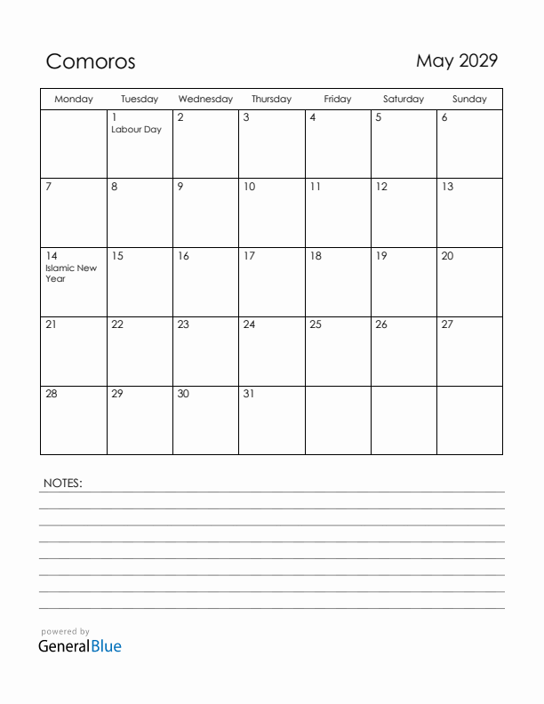 May 2029 Comoros Calendar with Holidays (Monday Start)