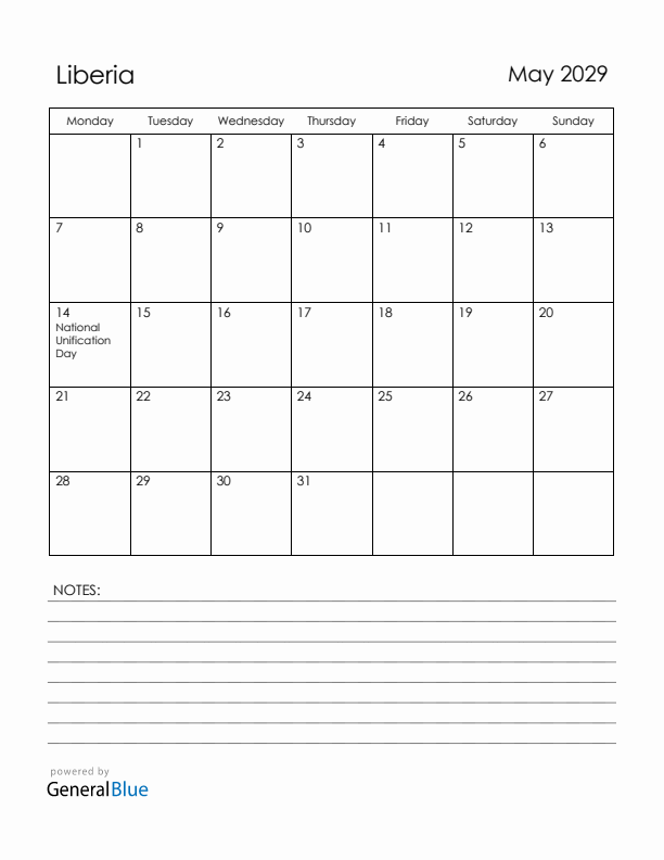 May 2029 Liberia Calendar with Holidays (Monday Start)