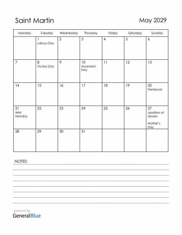 May 2029 Saint Martin Calendar with Holidays (Monday Start)