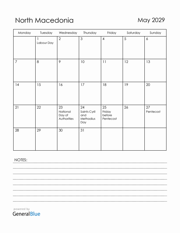 May 2029 North Macedonia Calendar with Holidays (Monday Start)