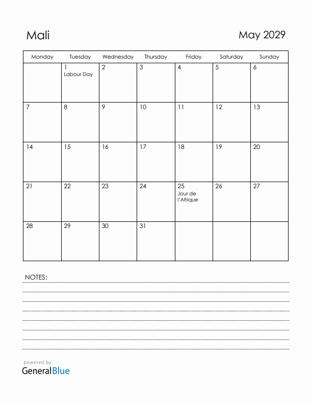 May 2029 Mali Calendar with Holidays (Monday Start)