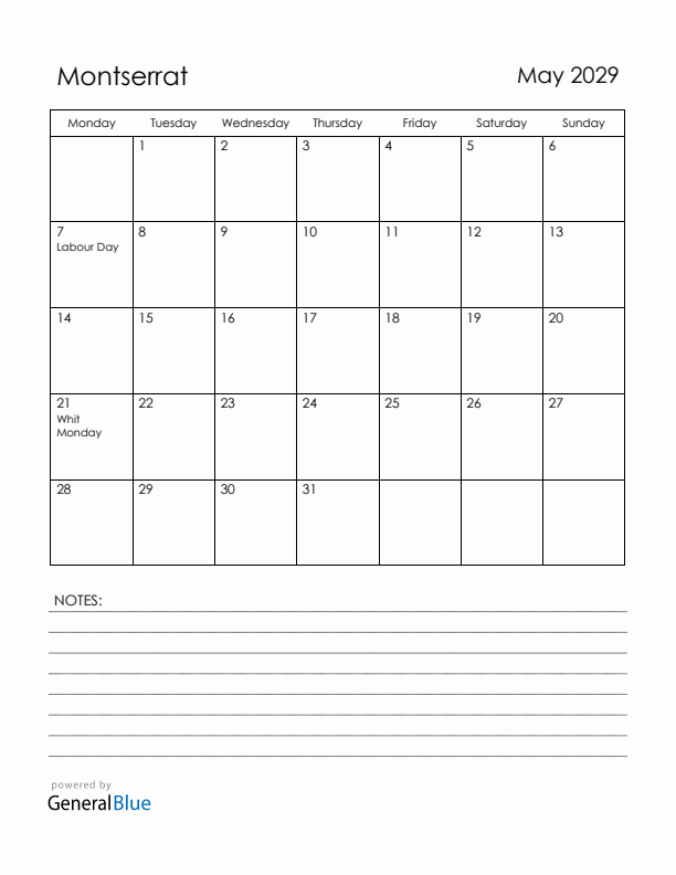 May 2029 Montserrat Calendar with Holidays (Monday Start)