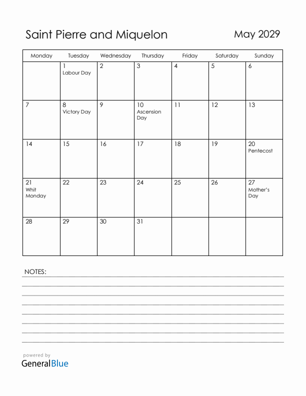 May 2029 Saint Pierre and Miquelon Calendar with Holidays (Monday Start)