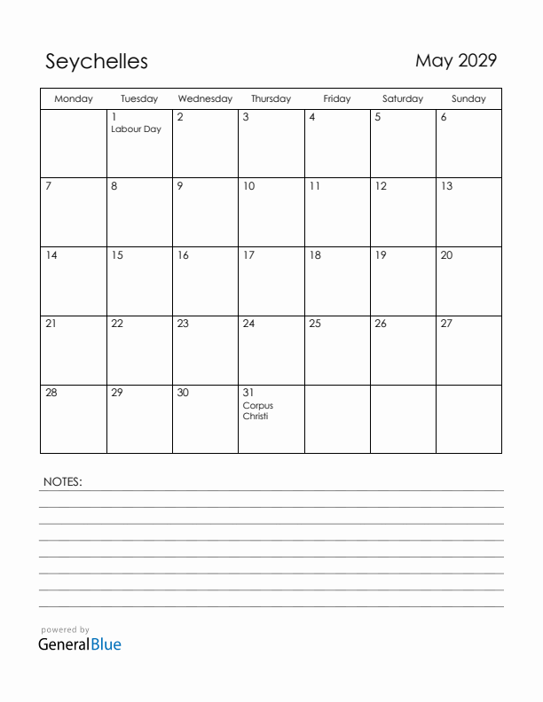 May 2029 Seychelles Calendar with Holidays (Monday Start)