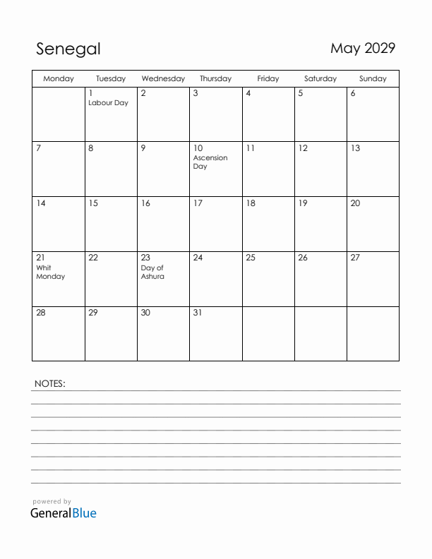 May 2029 Senegal Calendar with Holidays (Monday Start)