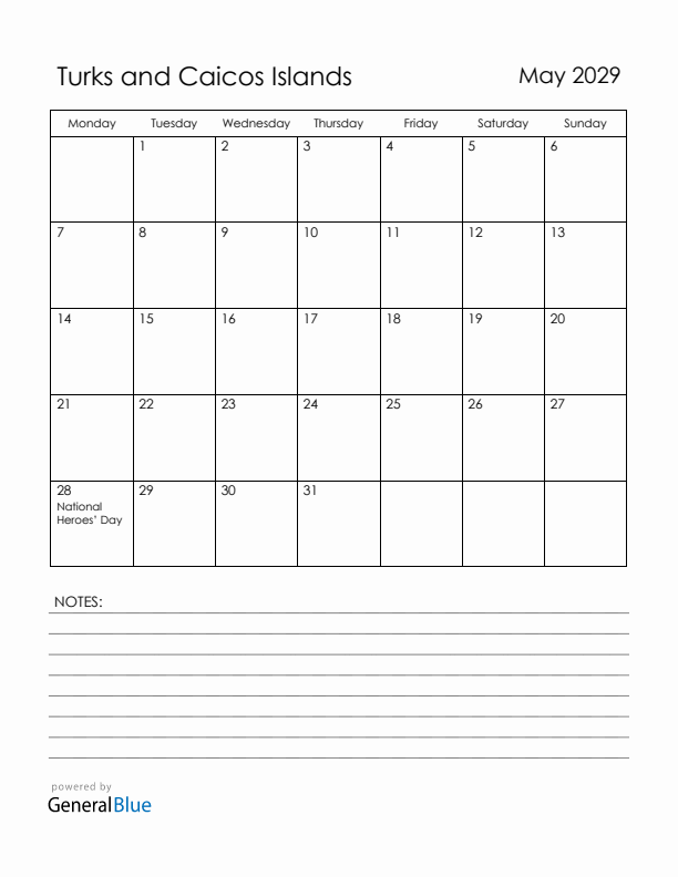 May 2029 Turks and Caicos Islands Calendar with Holidays (Monday Start)