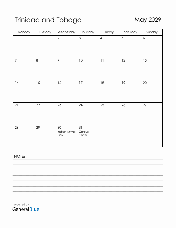 May 2029 Trinidad and Tobago Calendar with Holidays (Monday Start)
