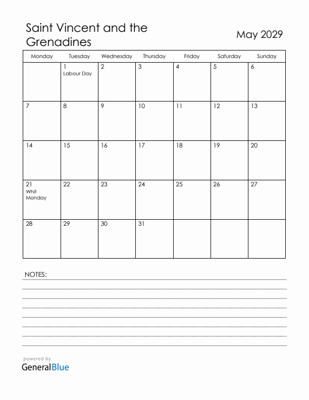 May 2029 Saint Vincent and the Grenadines Calendar with Holidays (Monday Start)