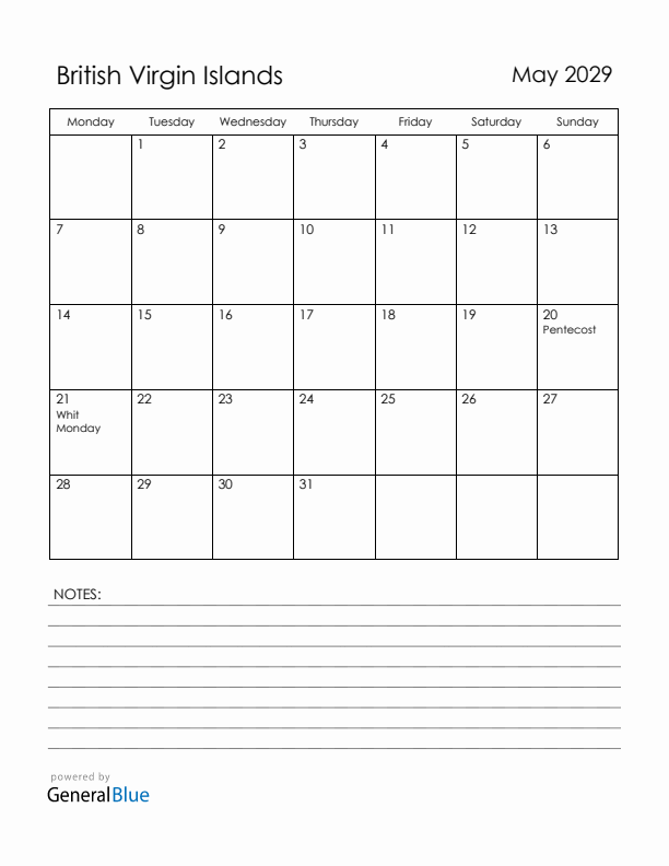 May 2029 British Virgin Islands Calendar with Holidays (Monday Start)