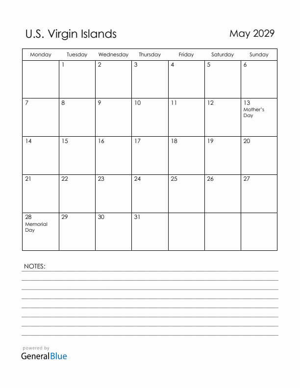 May 2029 U.S. Virgin Islands Calendar with Holidays (Monday Start)