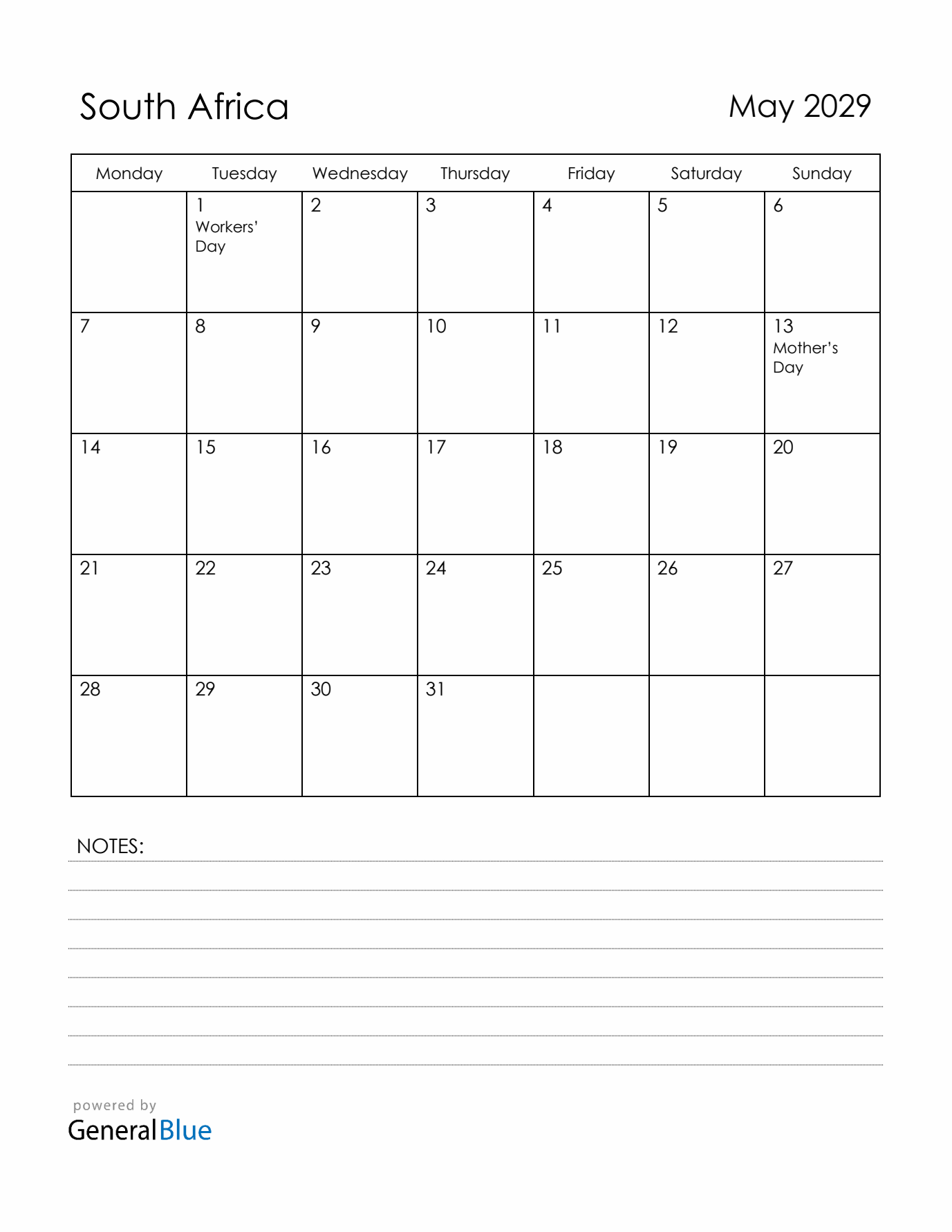 May 2029 South Africa Calendar with Holidays (Monday Start)