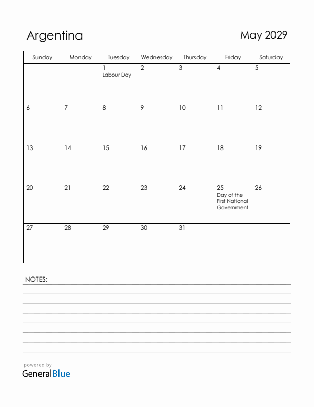 May 2029 Argentina Calendar with Holidays (Sunday Start)