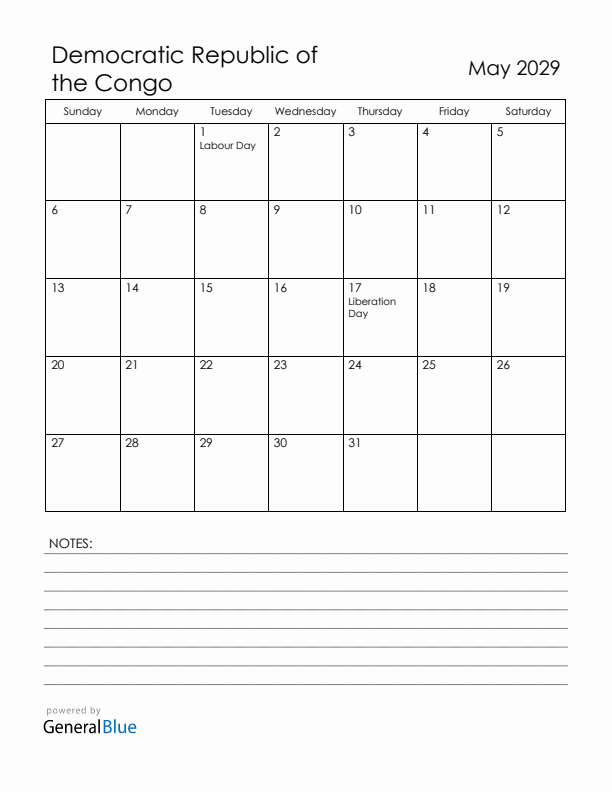 May 2029 Democratic Republic of the Congo Calendar with Holidays (Sunday Start)