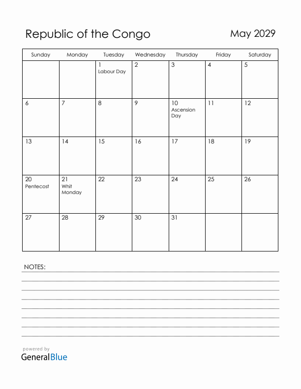 May 2029 Republic of the Congo Calendar with Holidays (Sunday Start)