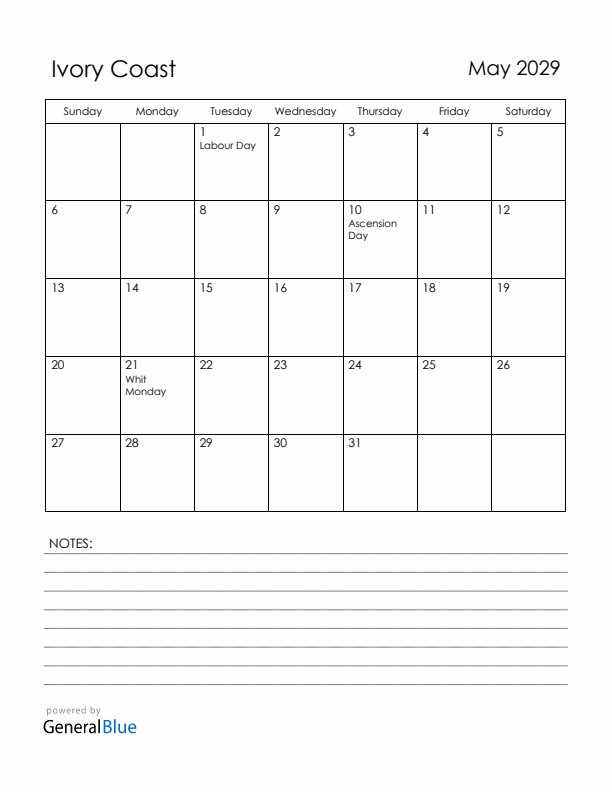 May 2029 Ivory Coast Calendar with Holidays (Sunday Start)