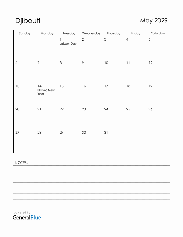 May 2029 Djibouti Calendar with Holidays (Sunday Start)