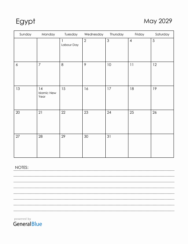 May 2029 Egypt Calendar with Holidays (Sunday Start)