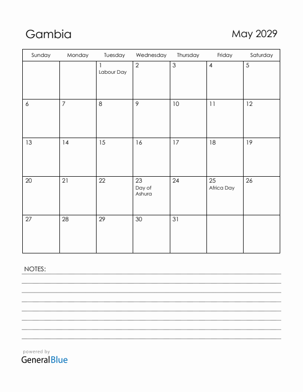 May 2029 Gambia Calendar with Holidays (Sunday Start)