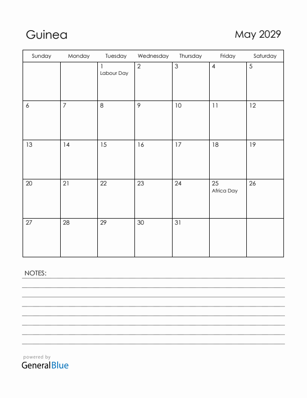 May 2029 Guinea Calendar with Holidays (Sunday Start)