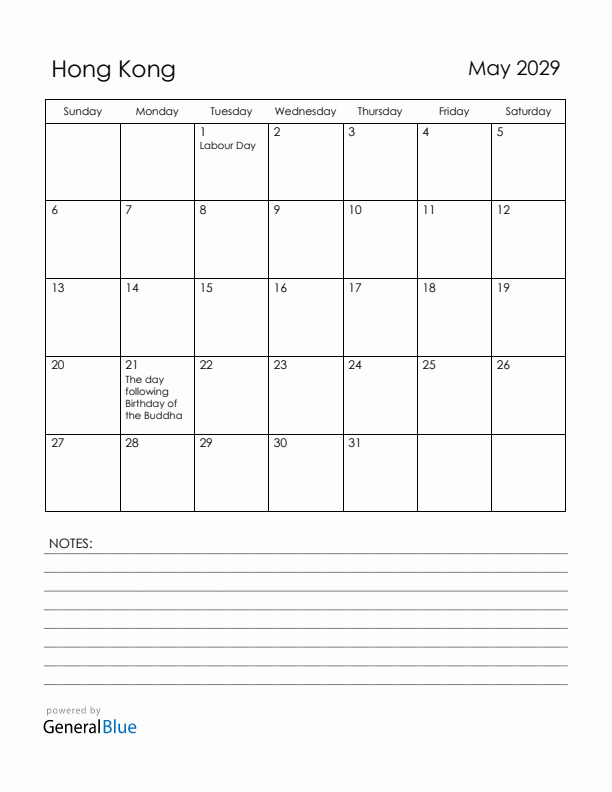 May 2029 Hong Kong Calendar with Holidays (Sunday Start)