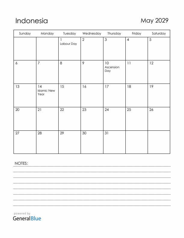 May 2029 Indonesia Calendar with Holidays (Sunday Start)